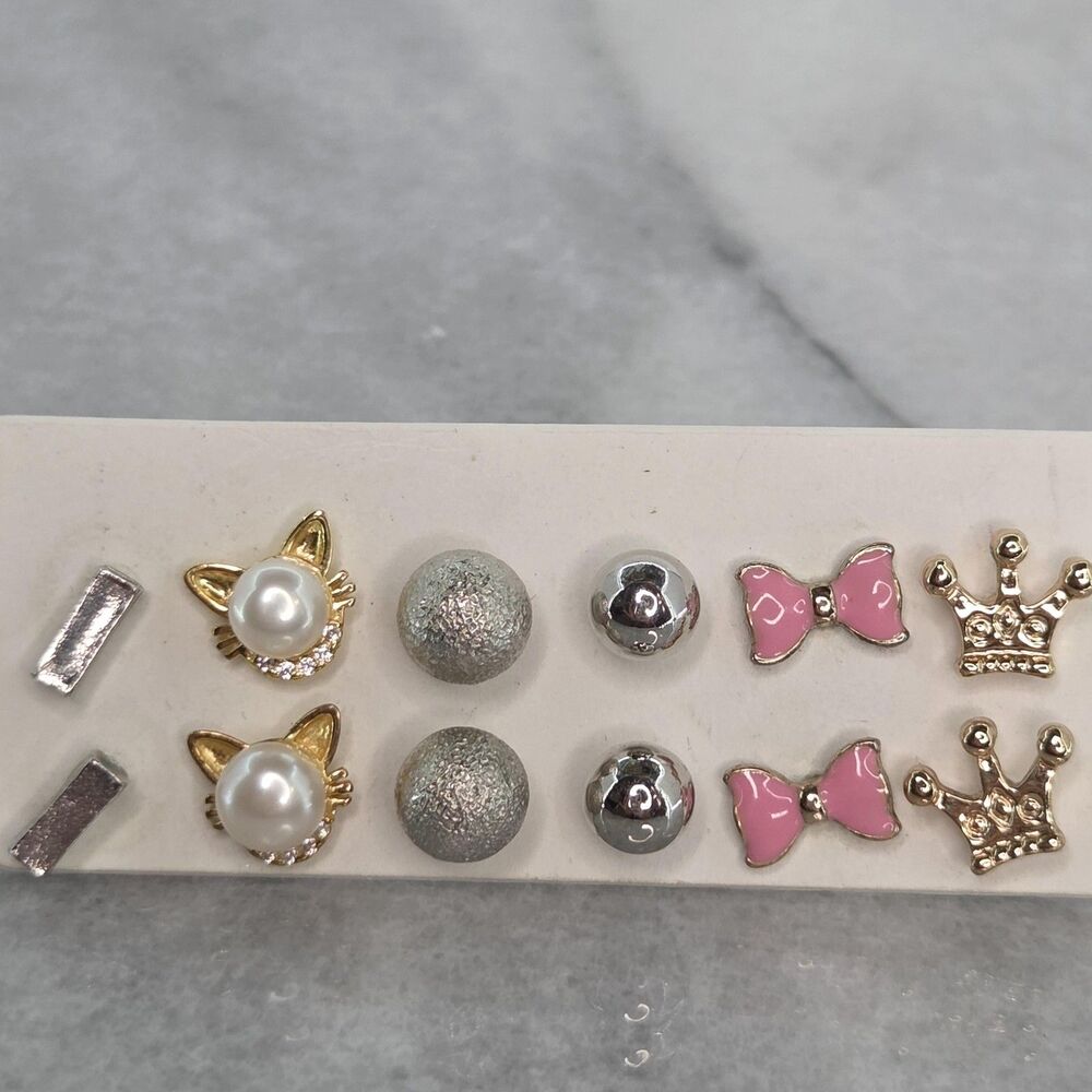Kids Stud Earrings Set 6 Pairs Cat Pearl Pink Bow Crown Ball Multicolor Enamel